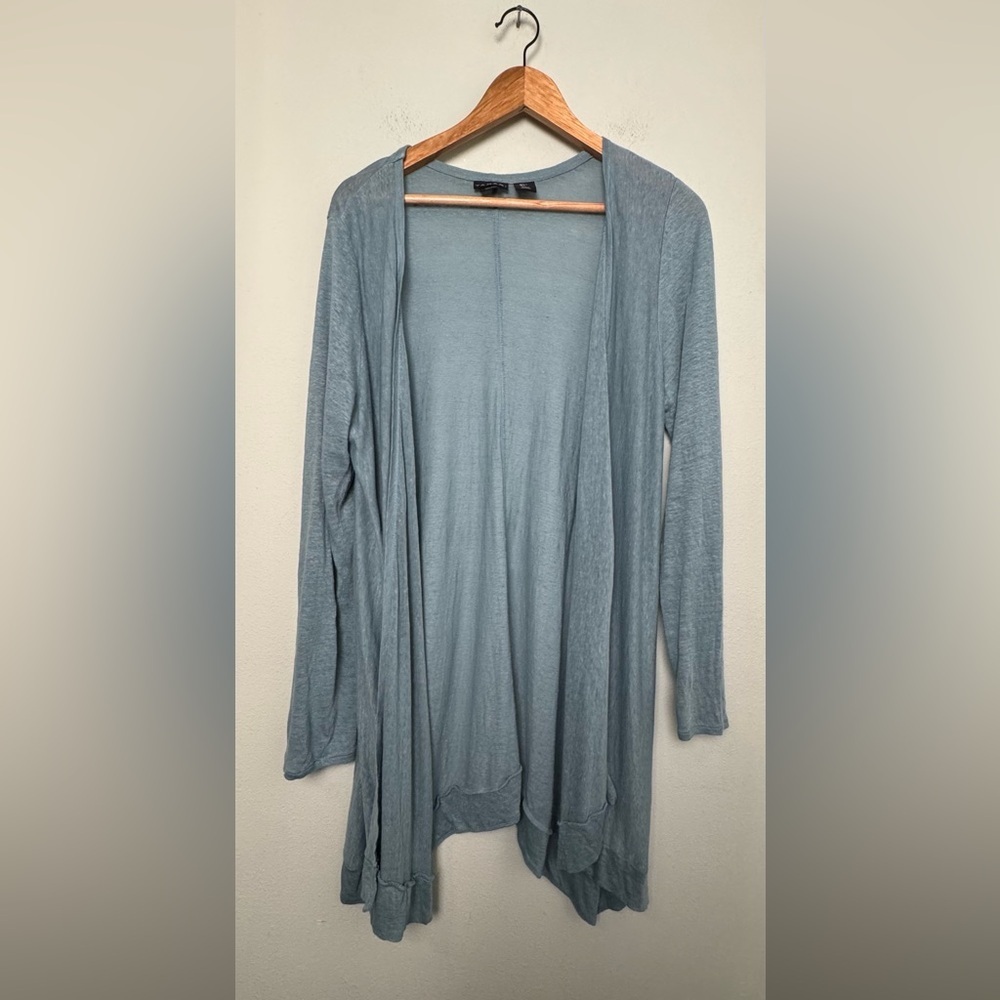 TAHARI Light Blue Asymmetrical Hem Open Front 100% Linen Long Cardigan‎ Size L